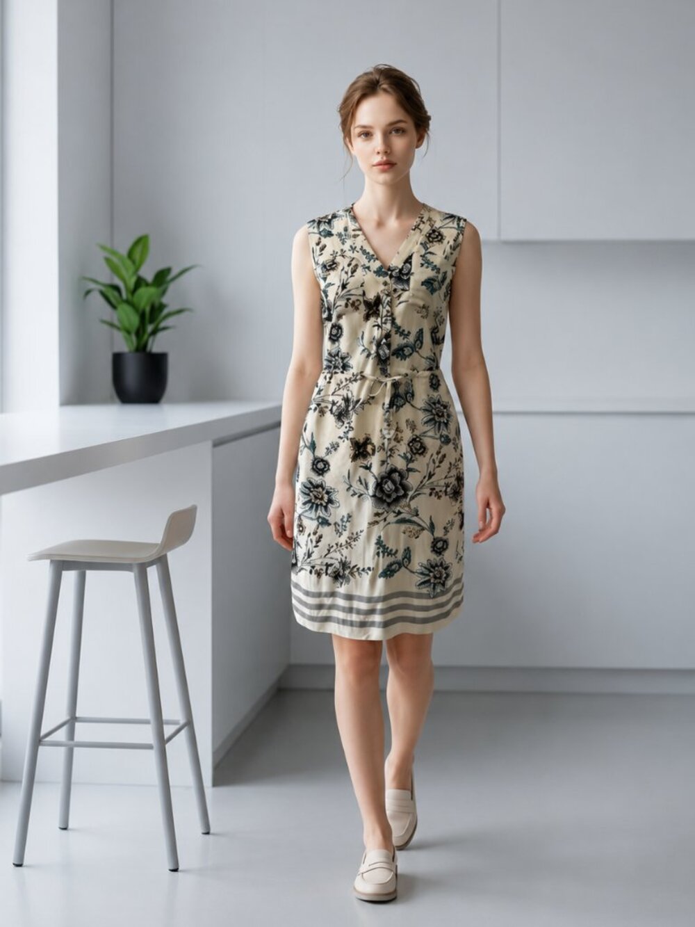 LOFT Floral Sleeveless Shift Dress Cream Blue Gray XS Rayon Pockets